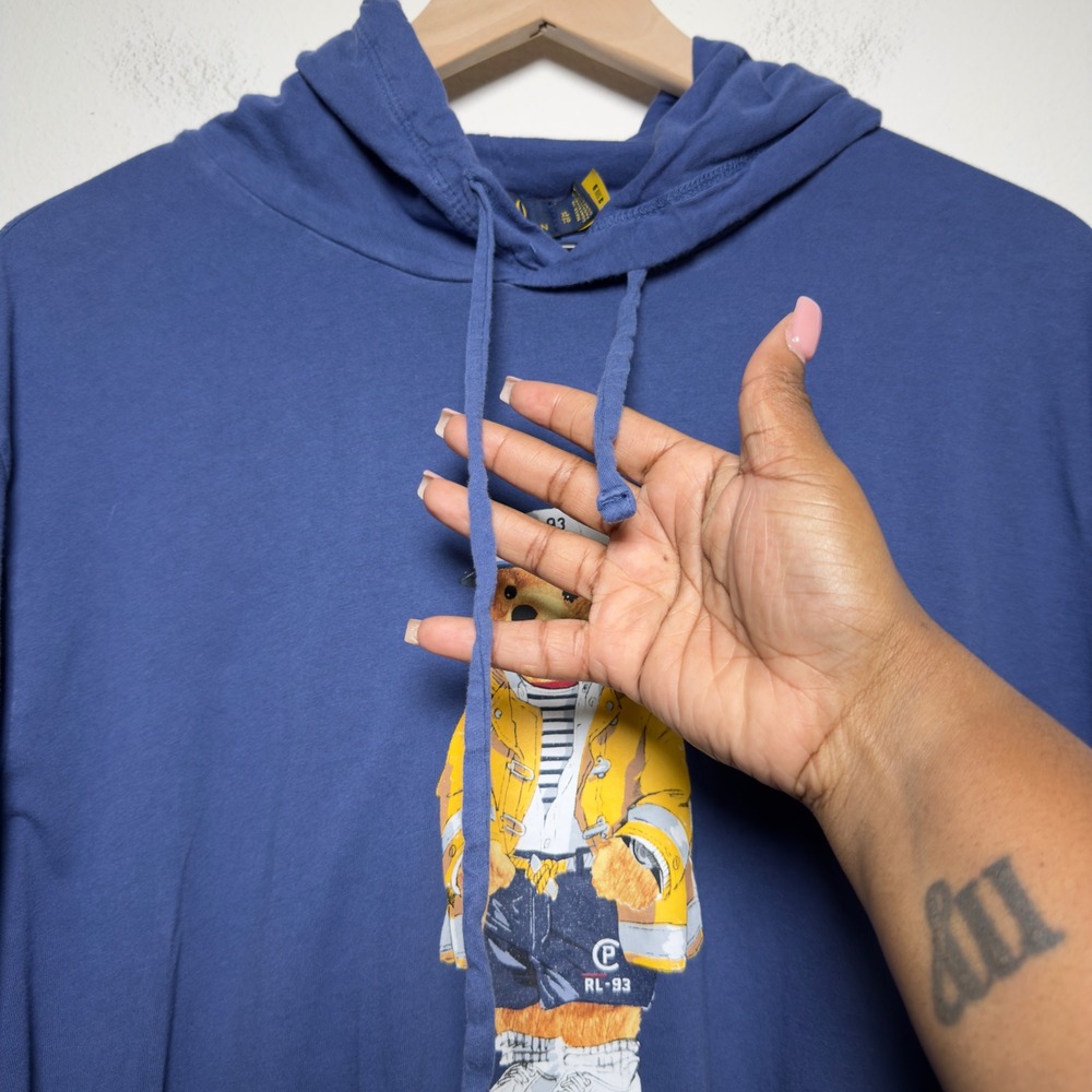 Polo Ralph Lauren Mens 100% Cotton Hoodie XXL Blue Polo Bear Graphic Hooded‎ Tee - Picture 3 of 9